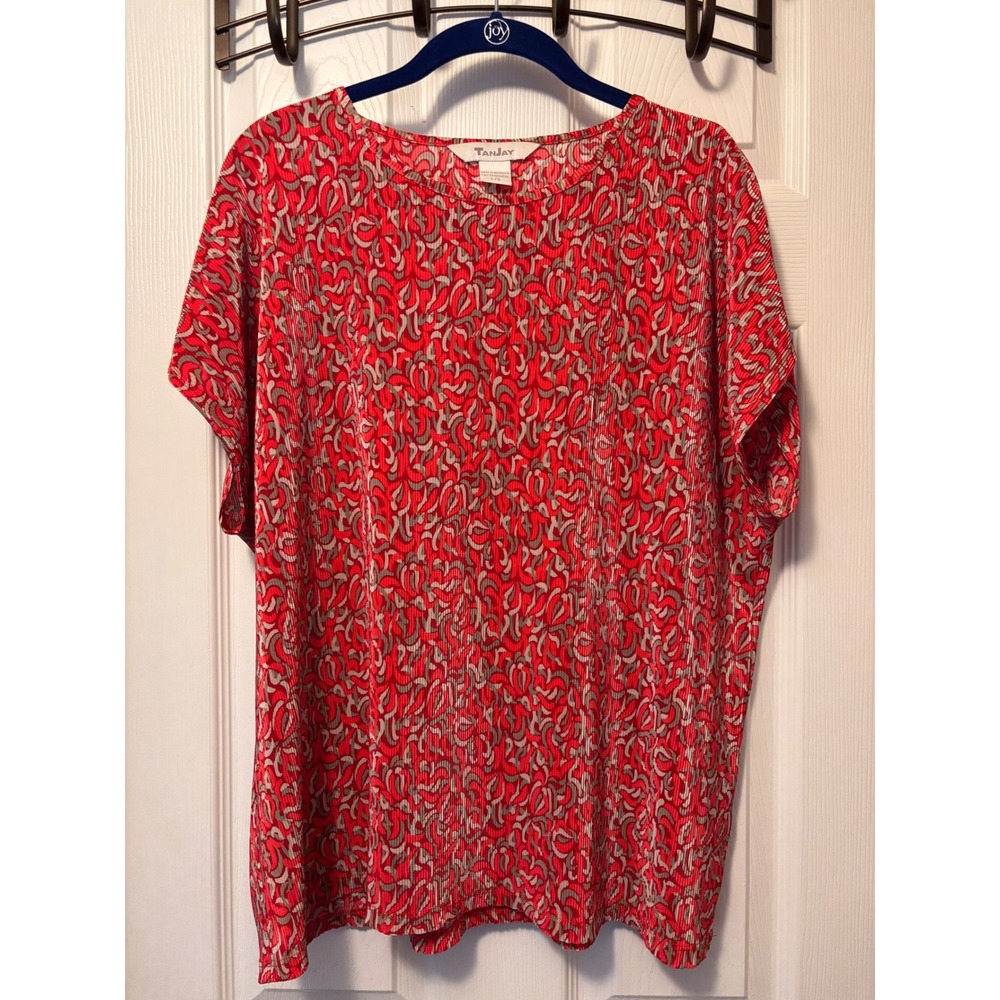 TanJay Women Red Grey Abstract Plisse Pleated Short Sleeve Blouse N4J179813 L